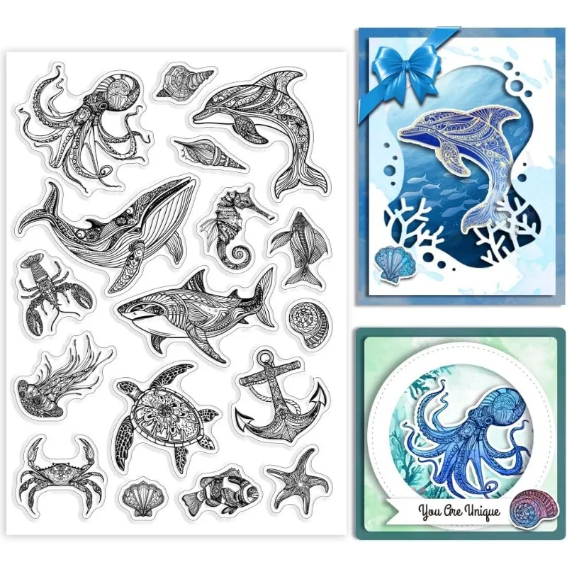 1 arkusz Ocean Life Clear Stamps Wieloryby morskie Silikonowe przezroczyste pieczęcie 21x14,8 cm Żółwie morskie Rekiny Homary Wzór