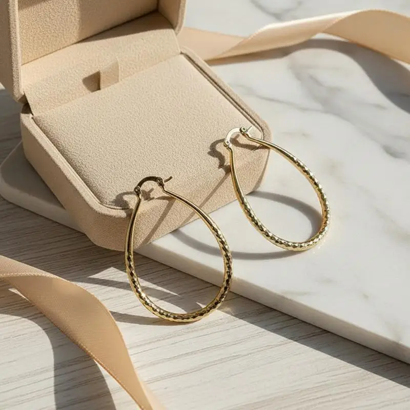 Exaggerated Teardrop Hoop Earrings Hammered Texture Gold Plated Large Oval Ear Rings Minimalist Jewelry For Women Daily Party