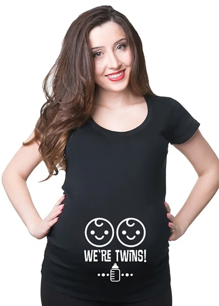 2024 Funny White Black Maternity T-shirt Cute Comfortable Pregnancy Tshirt Twins Pregnancy T shirt Summer Short Sleeve Tops Tees