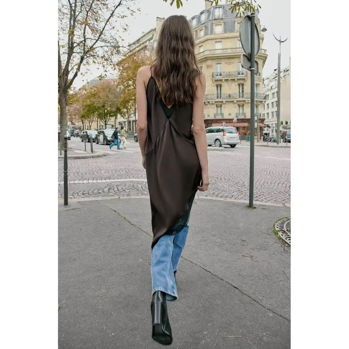 Faionable Asymmetric Midi Dr Women's New Autumn Winter Satin Fabric ZR Sle Ci Commuting Non-deformable Polyester Fiber