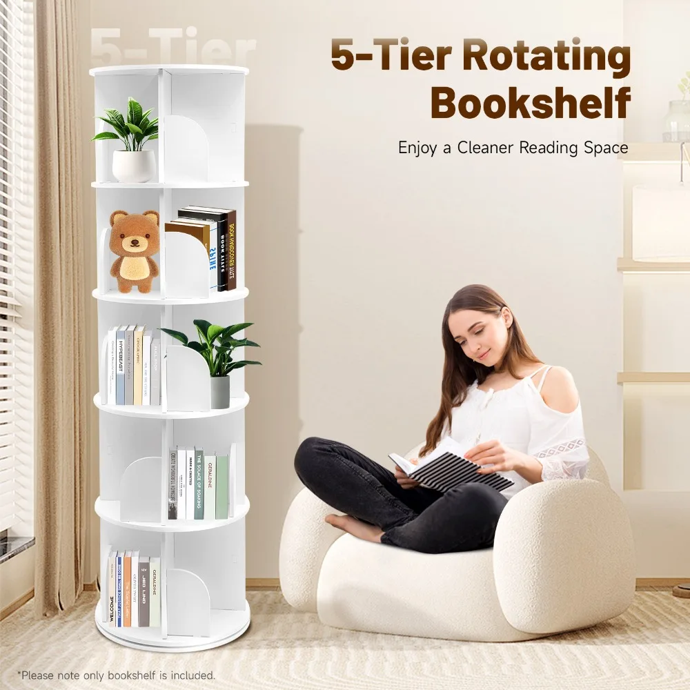

5 Tier Rotating Round Bookshelf 360° Display Revolving Bookcase Stackable Book Organizer for Bedroom Study Room Office (White)