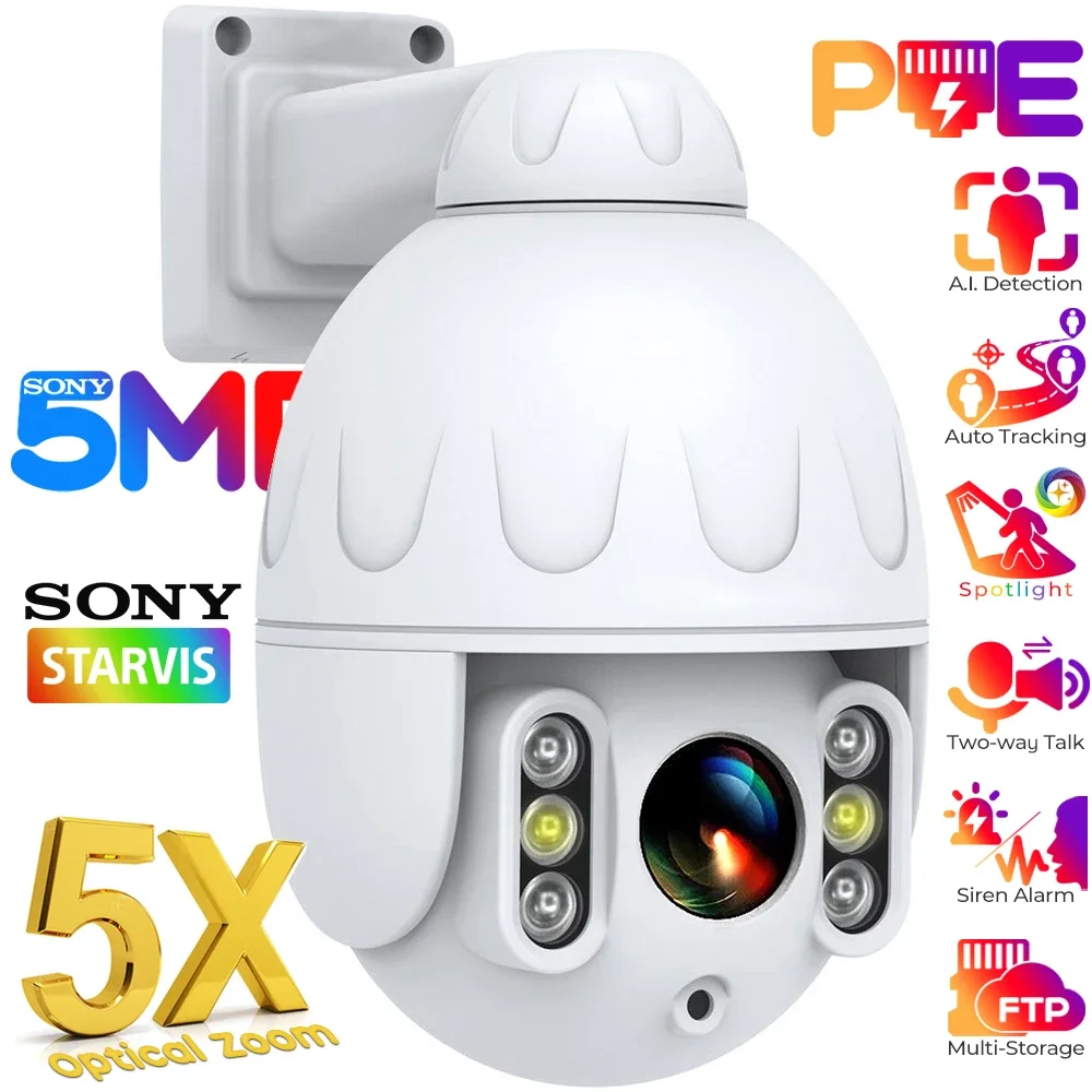 Sony 5MP 5X Optical Zoom PTZ PoE Camera Outdoor Color Night Vision Human Detect Auto Tracks Dome IP Camera CCTV Security Cameras