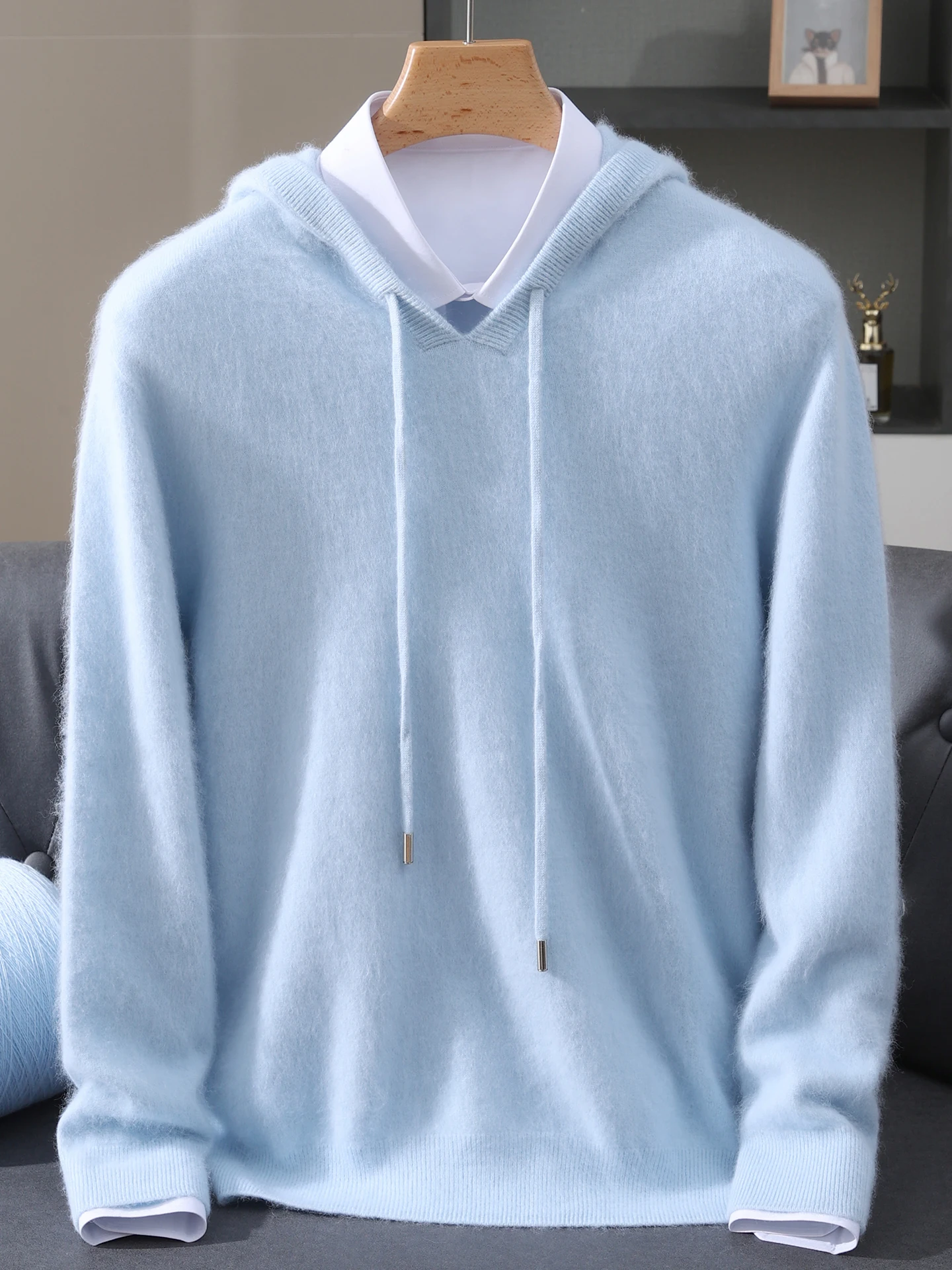 

100% mink shirt men's solid color hooded knitted sweater autumn and winter new loose warm casual business bottoming shirt