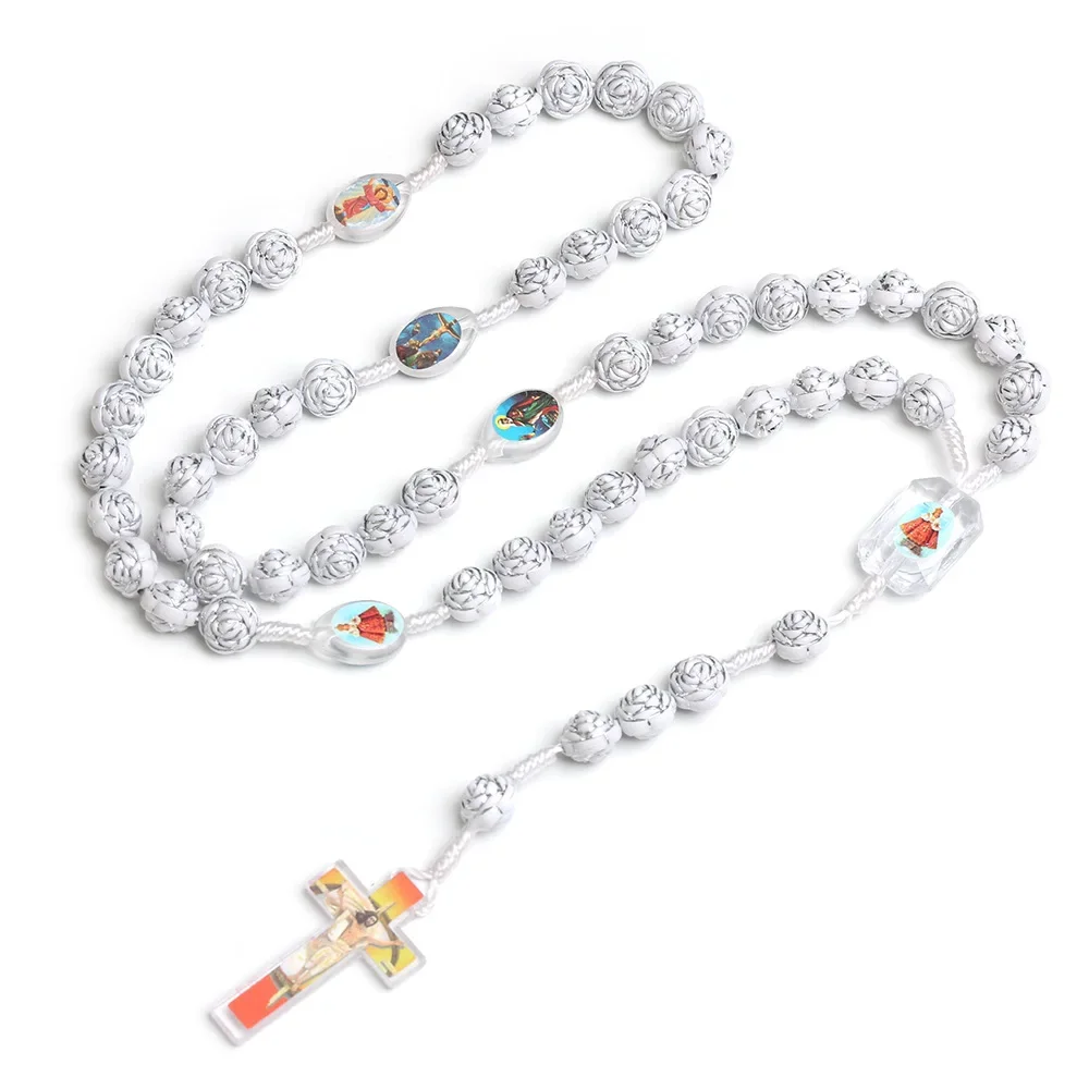 Religion White Rosary Necklace For Women INRI Crucifix Cross Pendant Rose Beads Chain Necklace Female Prayer Jewelry