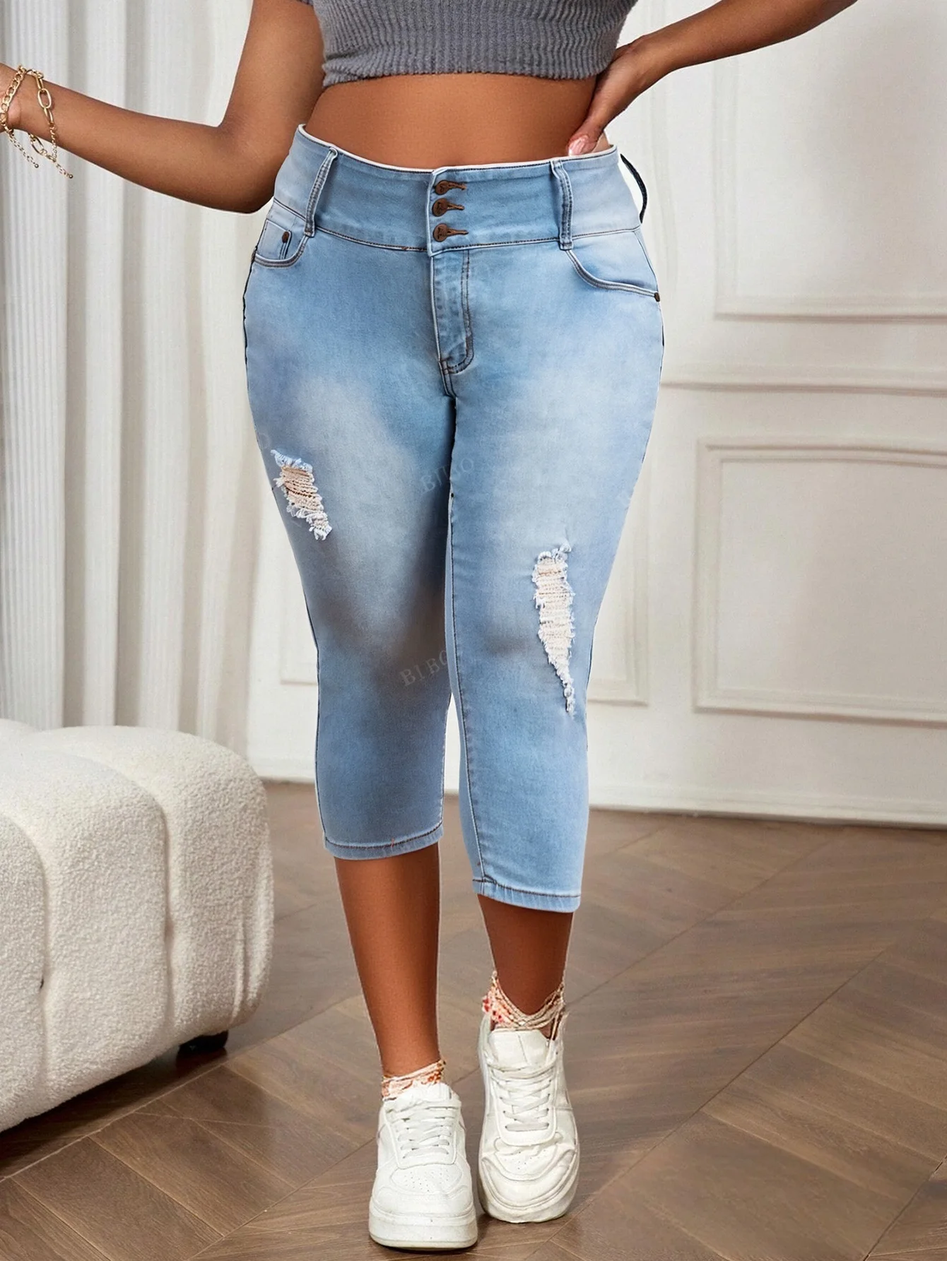Jeans classici blu chiaro lavati da donna taglie forti – Comodo tessuto elasticizzato, che abbraccia la pelle e ritenuta dalla forma