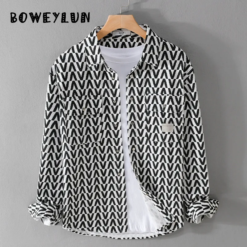 

BOWEYLUN Spring and Autumn Houndstooth Long-Sleeved Shirt Men's Casual Loose-Fitting Blouse for Men
