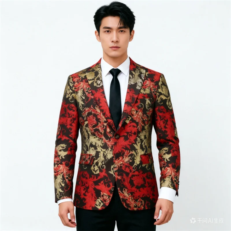 

Мужской люксовый жаккардовый пиджак на одной пуговице от модного бренда для свадьбы, выпускного, вечеринки, с цветочным узором