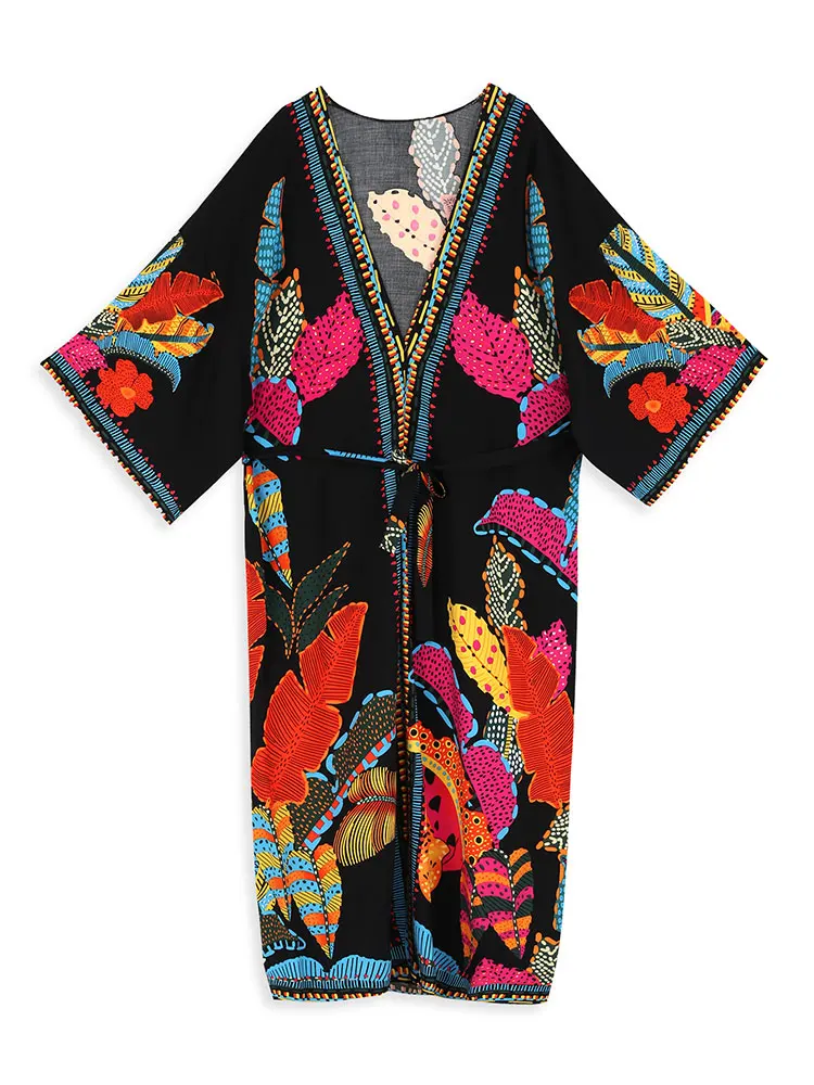 Letnia narzutka plażowa kolorowy nadruk Boho Plus Size w stylu Kimono House Dress 2024 kobiet osłona do Bikini wakacyjny