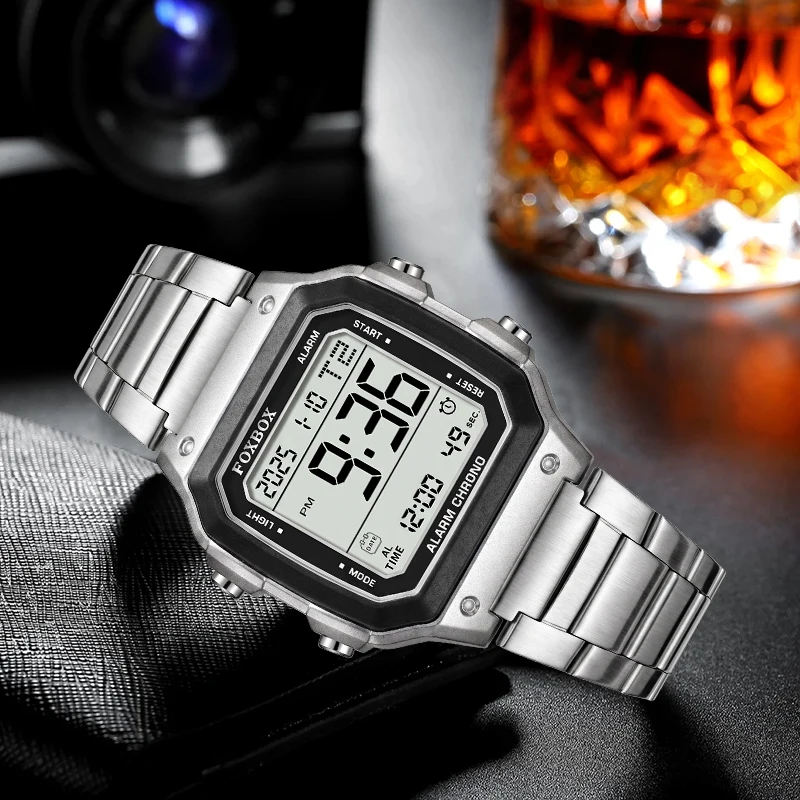 FOXBOX Electronic Man Watch Square Casual Sport Military Wristwatches Waterproof Stainless Steel Band Alarm Digital Watches Male