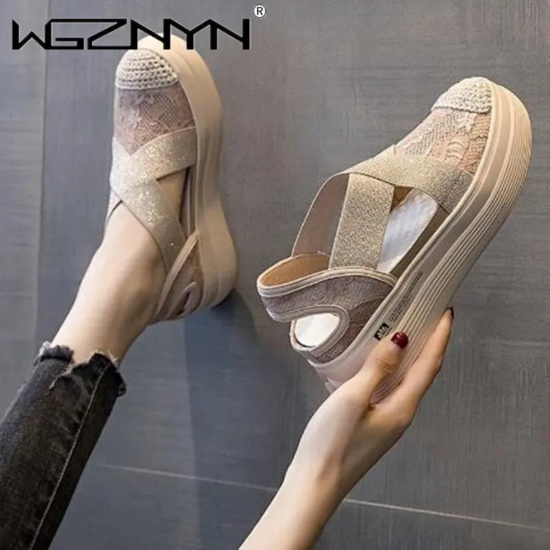 Summer Mesh Breathable Slippers Women Baotou Sandals Wedges Chunky Heels Height Increasing Platform Ladies Thick Sole Lace Shoes