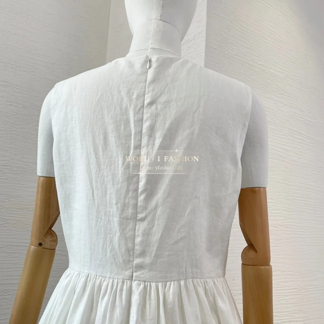 

White Sleeveless Ink Wash Flower Embroidery Midi Dress 2025 New