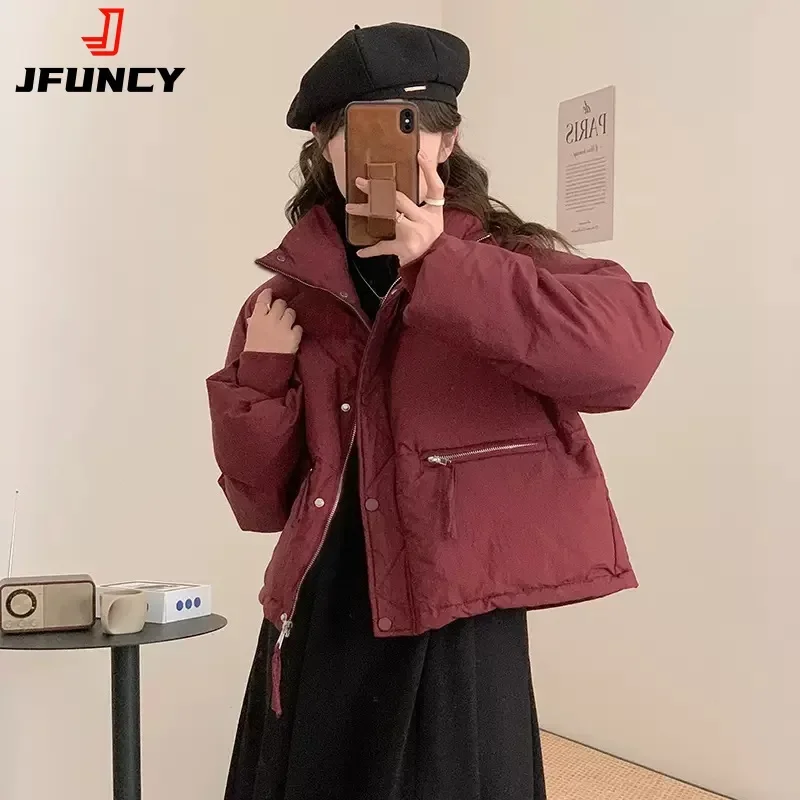 Imagem -02 - Jfuncy-cabolsa Curto Monocromático Feminino Cabolsas de Inverno Sobretudo Feminino Parkas de Manga Comprida Gola Alta Novo 2023