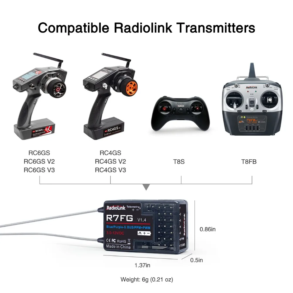 Radiolink เครื่องรับ R7FG 2.4G Gyro RC, telemetry 600M ระยะไกล RX สำหรับรถดริฟท์ตีนตะขาบ