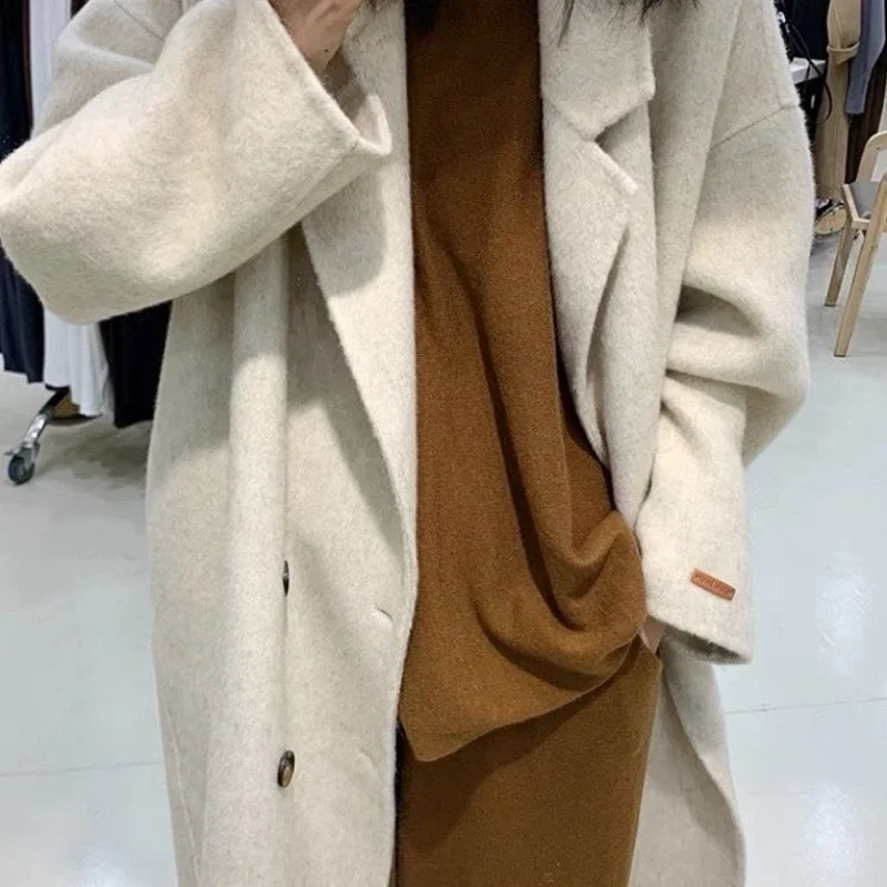 Fluffy soft waxy double-sided cashmere coat for women plus thick cocoon type loose comfortable large plate grey Albaca wool coat