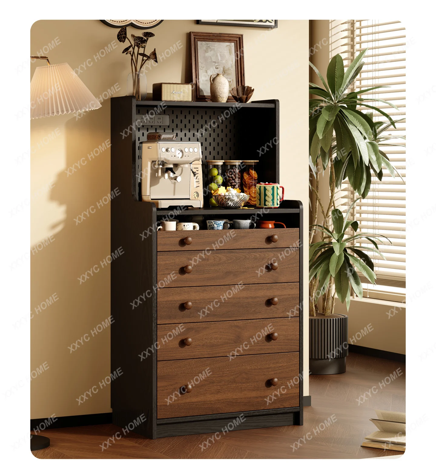 Medieval coffee machine, table rack, dining side cabinet integrated against the wall, sofaP