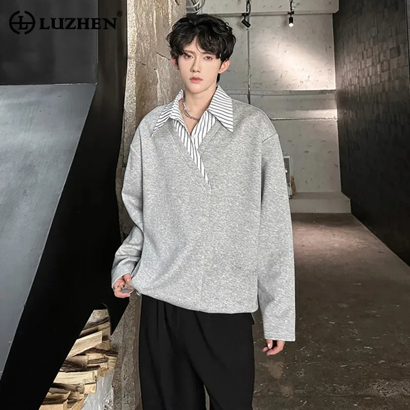 

LUZHEN Cross, новые поддельные рубашки из двух предметов в полоску с принтом, осень 2023, рубашки с воротником и длинными рукавами, пуловеры, мужские модные повседневные топы JY5822