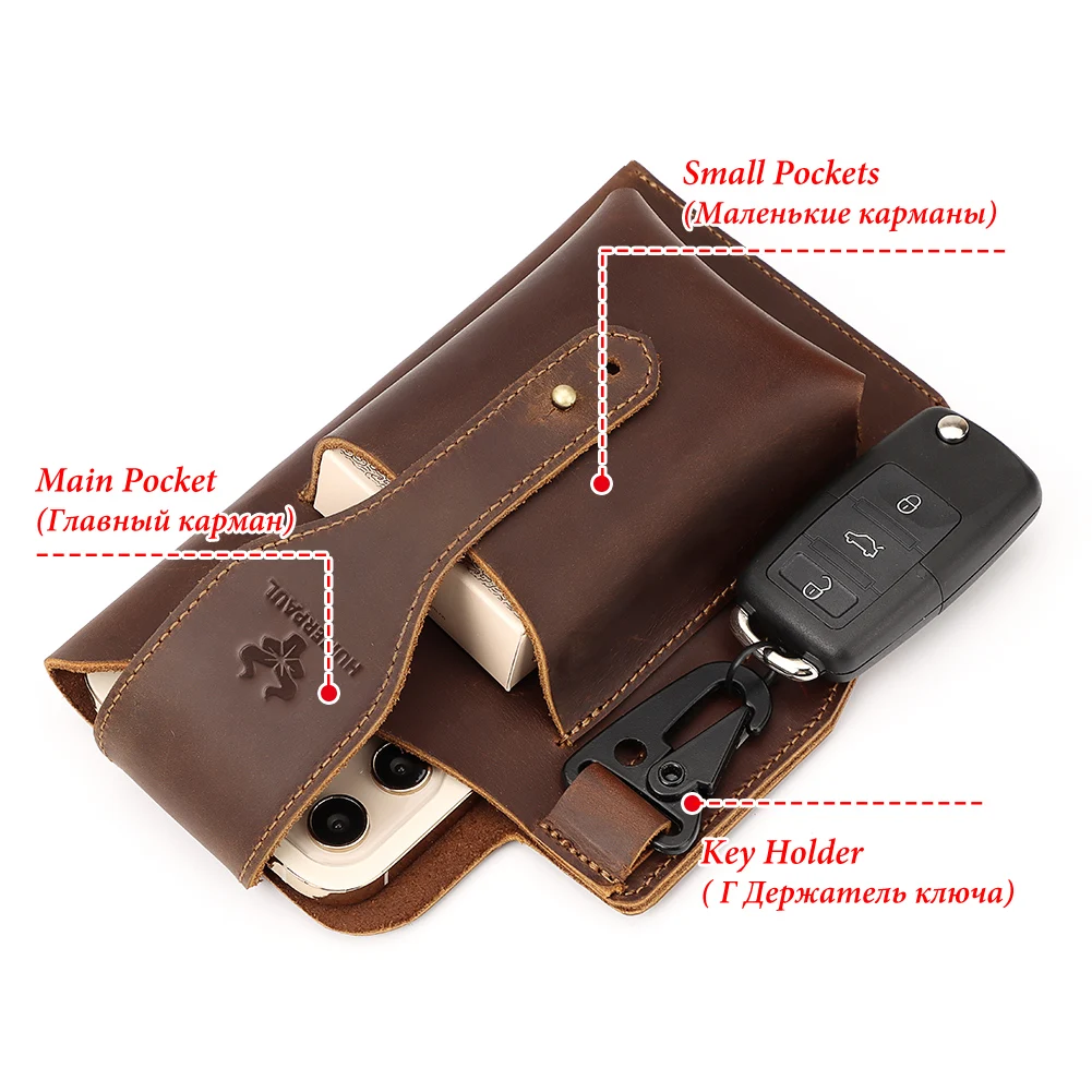 HUMERPAUL Men Vintage Leather Waist Bag for Mobile Phon Casual Carrying Cigarette Case Outdoor Belt Bag Male Small Loop Holster