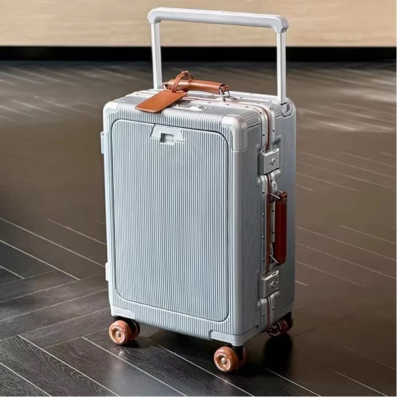 

Front Opening High Quality Aluminium Suitcase Wide Handle Front Opening Carry on Travel Bag With Laptop USB Charger Port