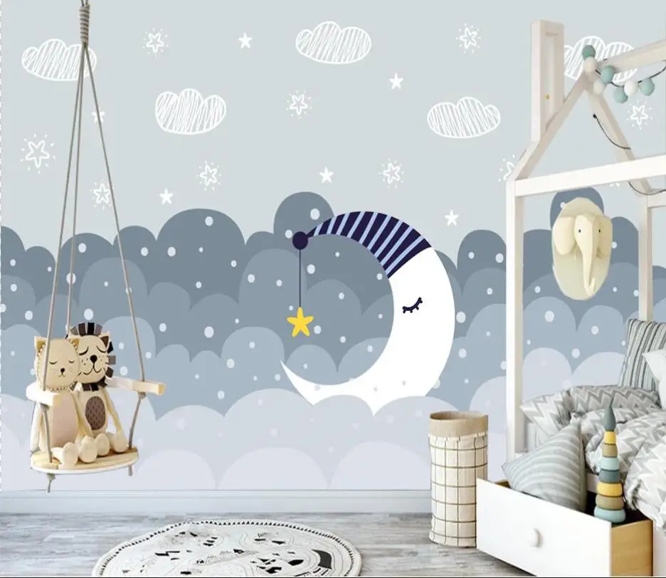Custom Size 3D Wallpaper Cartoon Photo Mural Nordic Hand-Painted Romantic Clouds Starry Design for Children's Room Decor