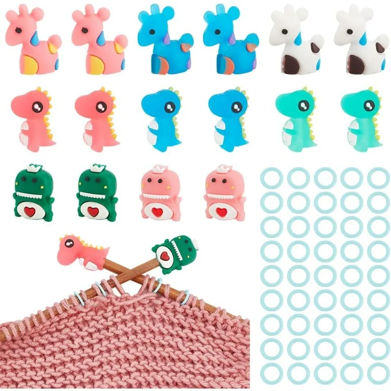 

16Pcs 8Styles Animal Dinosaur Deer Silicone Knitting Stitch Protector, 50Pcs Plastic Knitting Stitch Marker Ring, Silicone