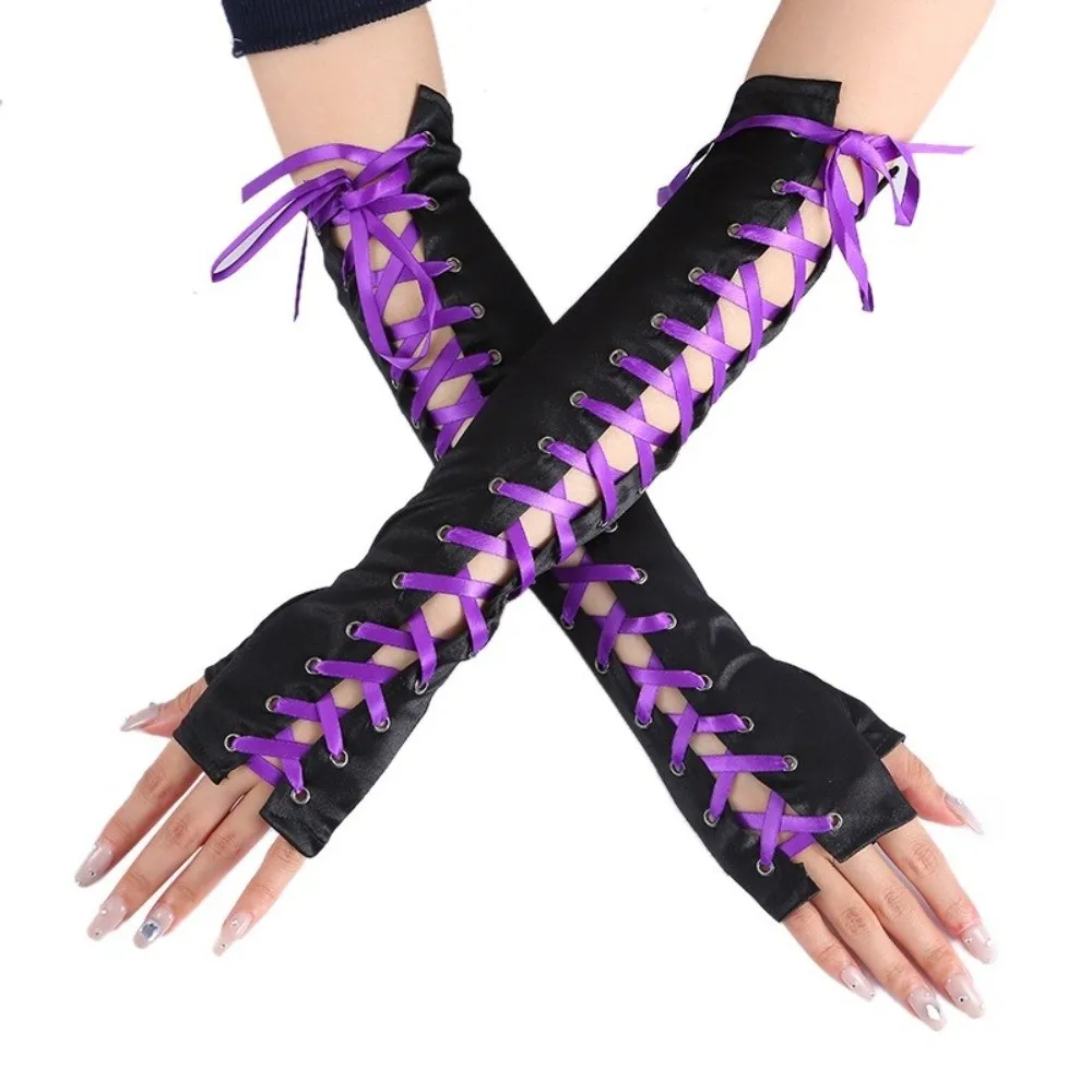 Sweet Long Ribbon Gloves Lolita Elastic Half Finger Gloves Punk Elbow Long Women Gloves Prom Dress