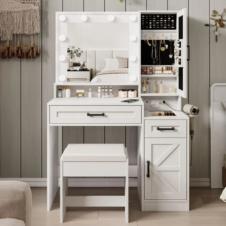 Vanity Desk with Mirror and LightsMake up Vanity with Chair and Outlet Dressing Table with Jewelry Cabinet Bedroom Vanity with