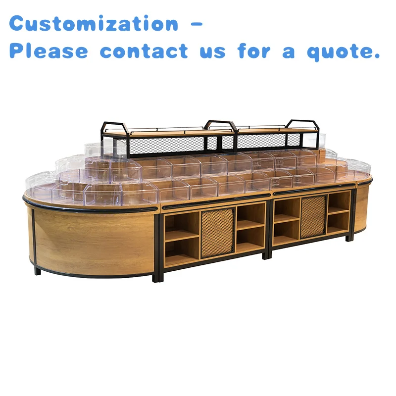 

custom.New Design Wooden Shelving Bulk Food Snack Container Table Supermarket and Snack Store Display Snack Rack
