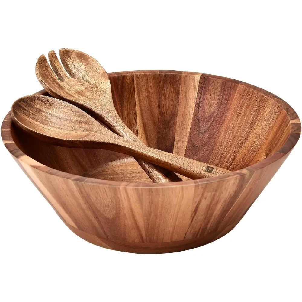 

12'' Acacia Wood Large Salad Bowl Set with Serving Utensils, Natural Wooden Serving Bowl for Family Gatherings