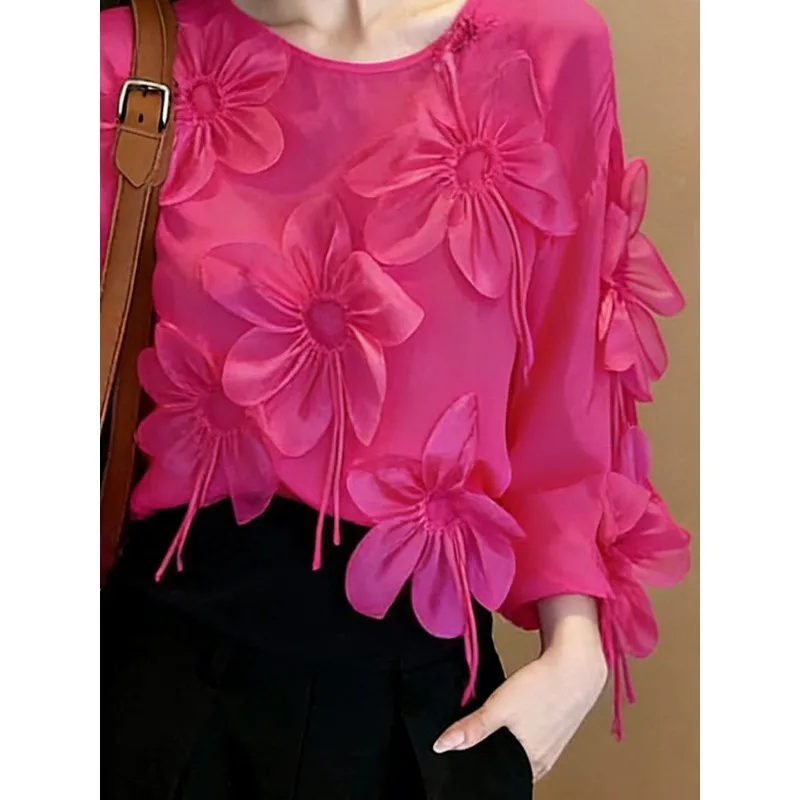 

Изысканная женская блузка с объемными цветами и длинными рукавами, весенняя новинка, свободная, тонкая, цвета розового золота, омолаживающая, простая, но элегантная.