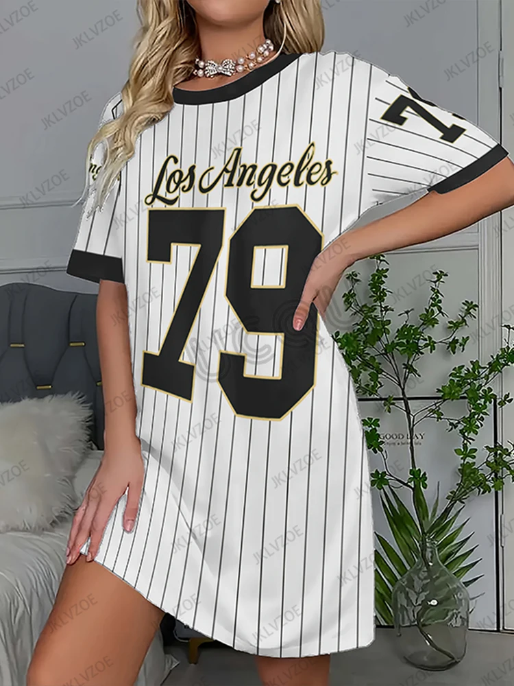 Nouveau Arriavl été rayure Los Angeles 79 imprimé femmes à manches courtes T-shirt robe Hawaii vacances décontracté sport mode robe