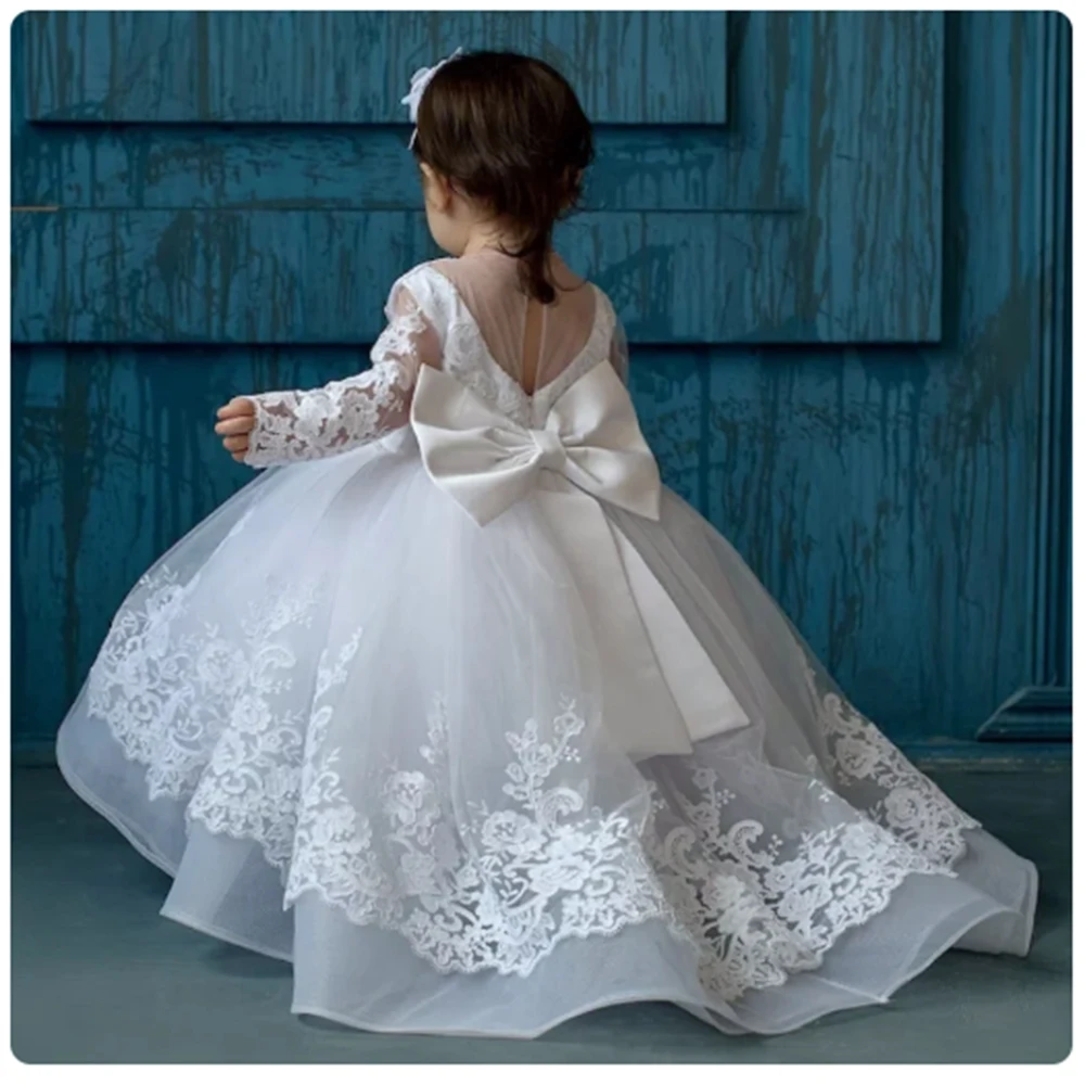 Baby Mädchen weiße Blume Mädchen Kleid für Hochzeit Tüll flauschige Perlen Spitze Applikation Kind erste eucharis tische Geburtstags feier Kleider