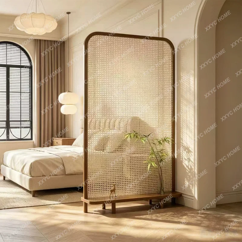 XX New Chinese-style entrance front door Solid wood rattan screen Entrance Bedroom Bathroom Partition Tea room