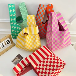 Handmade Knit Handbag Women Mini Knot Wrist-bag Female Casual Color Wide Stripe Plaid Tote Bag Student Reusable Shopping Bag