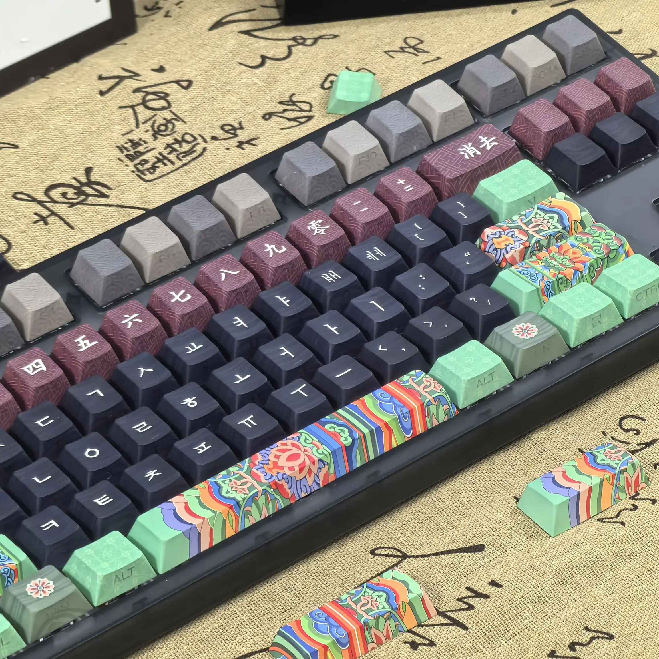 Retro Korean Keycaps Dark Blue Ancient Architectural Pattern Chinese Style Danqing Cherry Pbt 'L' Enter Key Alice Layout Keycaps