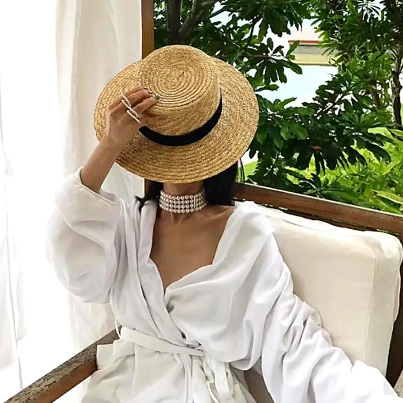 Luna&Dolphin Women Summer French Style Nature Straw Hat Balck White Ribbon UV Cut Temperament Flat Hepburn Big Eaves Sunhat Cap