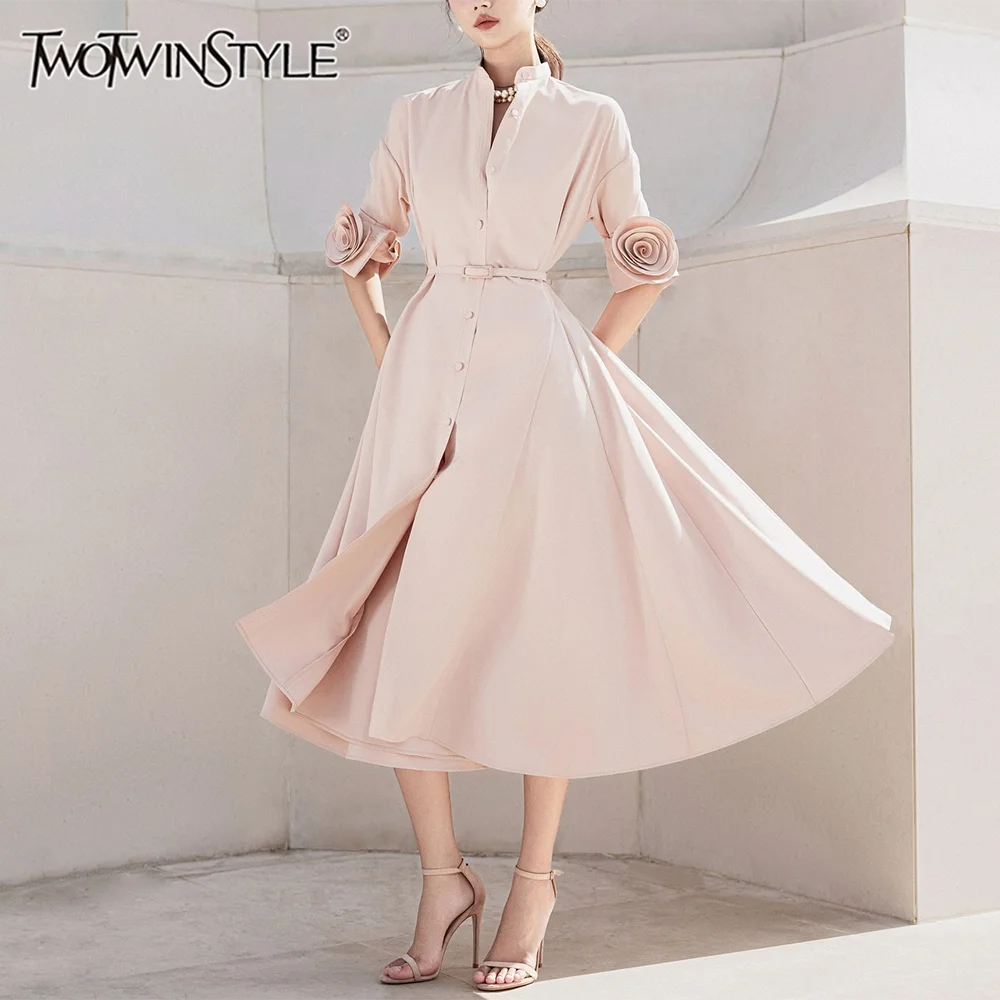 

TWOTWINSTYLE Solid Slimming Patchwork Button Dresses For Women Stand Neck Long Sleeve Temperament Dress Female Fashion Style New