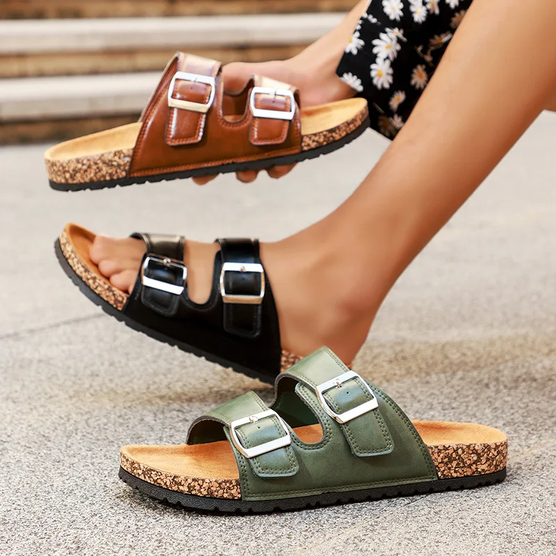 New Mens Leather Cork Herringbone Slippers for Men and Couples Retro Summer Moeller Women Slippers Fashion Casual Beach Sandals