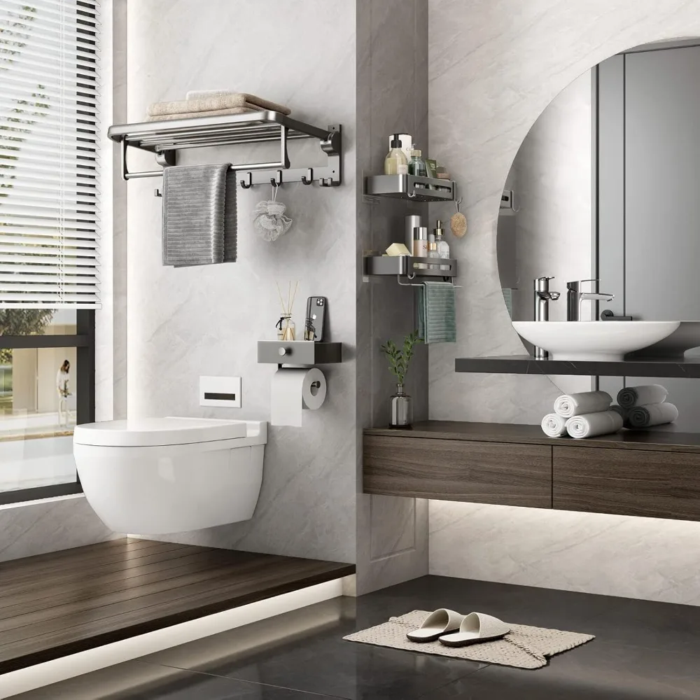 

Bathroom Towel Rack with Bar and Hooks 23.6 in Foldable Towel Shelf Wall, Towels Racks
