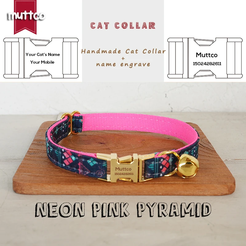 MUTTCO Engraved  self-design personalized cat collars cute NEON PINK PYRAMID handmade collar  2 sizes UCC195