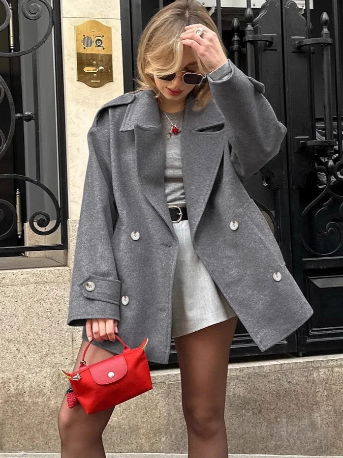 

Faionable Casual Woolen Women's Suit Jaet Versatile Mid-Length Ele Sle Long Sve Commute Friendly Pure Color