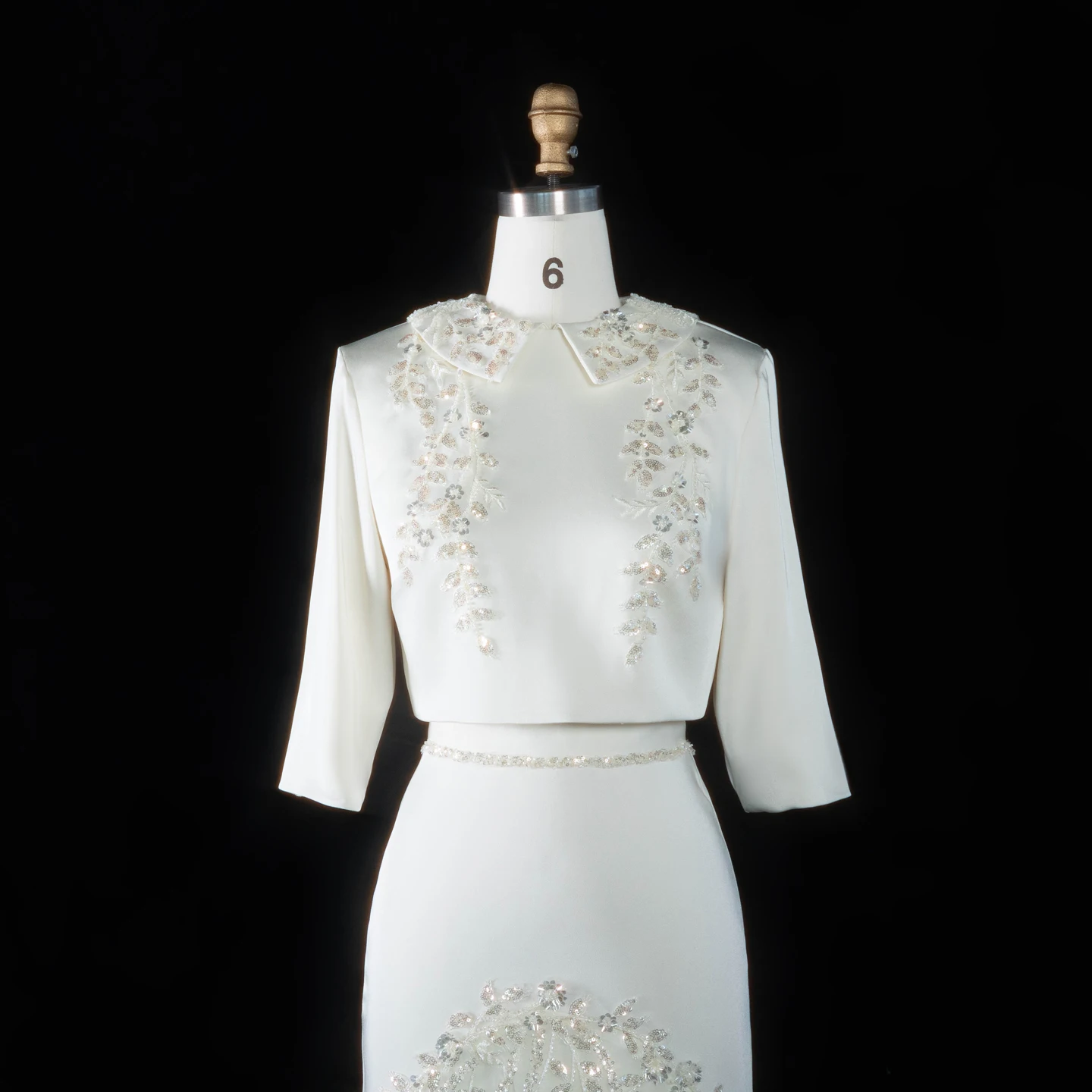Sharon Said Beige Satin Zweiteiliges Abendkleid mit schweren Pailletten, floralen Perlenstickereien, A-Linie, formelle Partykleider SS214, maßgeschneidert – Detail 6