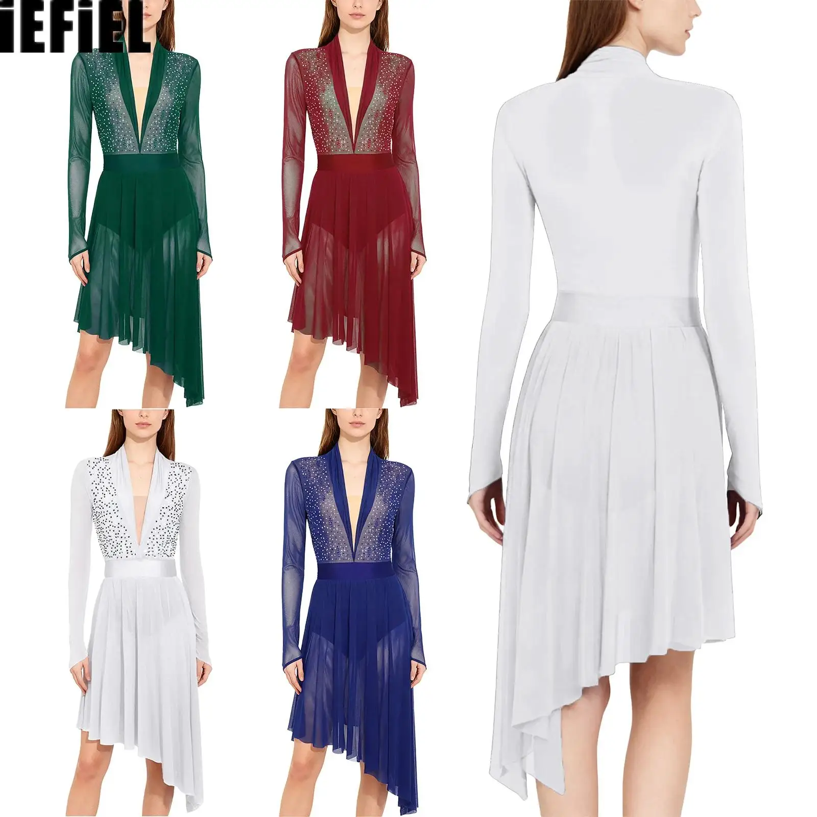 

Women Lyrical Sheer Mesh Dance Dress Long Sleeve Shiny Rhinestones Built-In Crotch Buttons Briefs Ruffled Dress for Dance