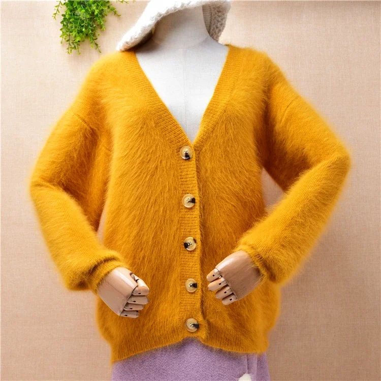 

ladies women fashion hairy angora rabbit fur knitted long sleeves v-neck loose cardigan angora rabbit fur jacket coat sweater