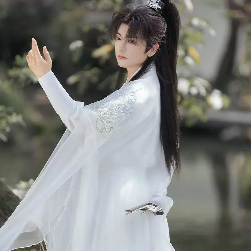 Set Kostum Periode Weijin Tiongkok Pria Wanita Hanfu Bordir Putih Tradisional Setelan Cosplay Pendekar Peri Pakaian Pesta Panggung