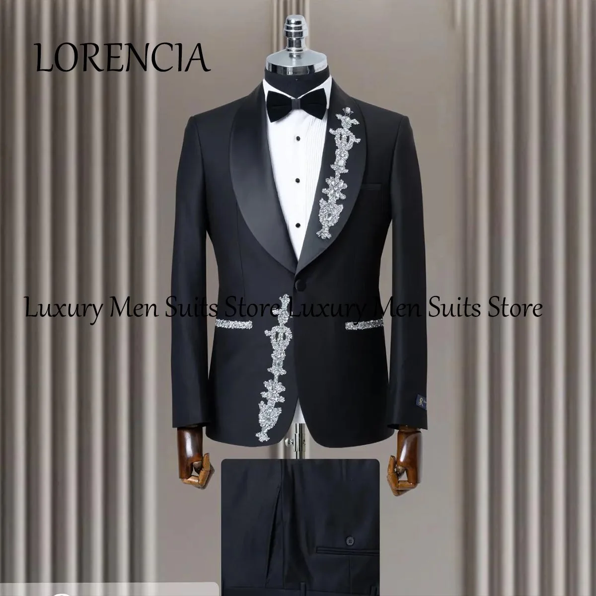 Customized Sparkly Luxury Beaded Crystals Groom Wedding Tuxedos 2 Pieces Sets Men Suits Double Breasted Male Party Blazer Homme