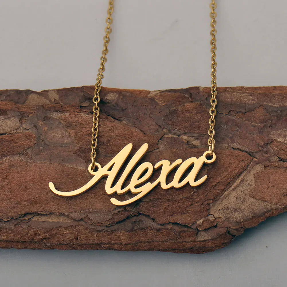 

AOLOSHOW Alexa Gold Plated Stainless Steel Name Necklace Dainty Nameplate Pendant Jewelry for Women Birthday Gift