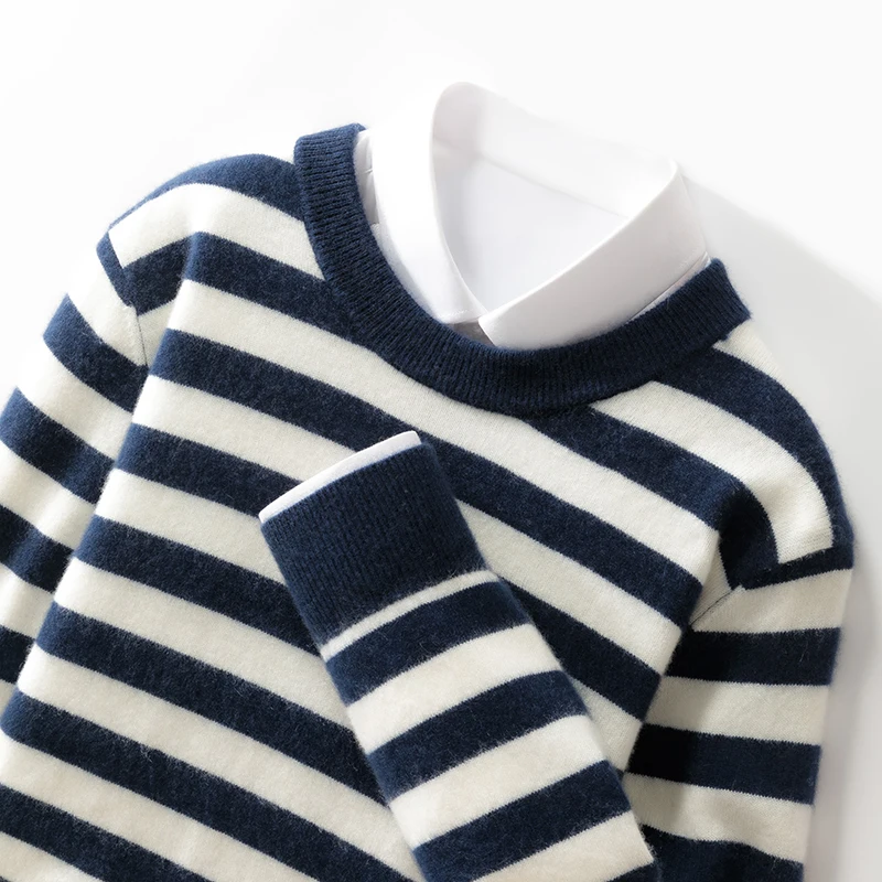 Autumn And Winter New 12-Pin Round Neck Color Matching Stripe 100 Pure Wool Pullover Sweater Casual Knitting Bottoming