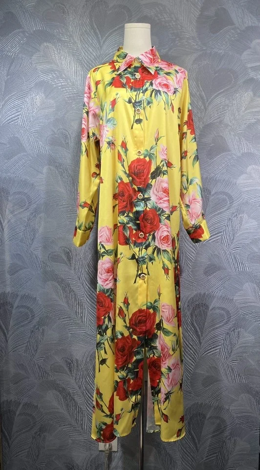 

XXL Long Dress 2025 Autumn Fashion Designer Women Turn-down Collar Colorful Floral Print Long Shirt Style Dress Yellow Color