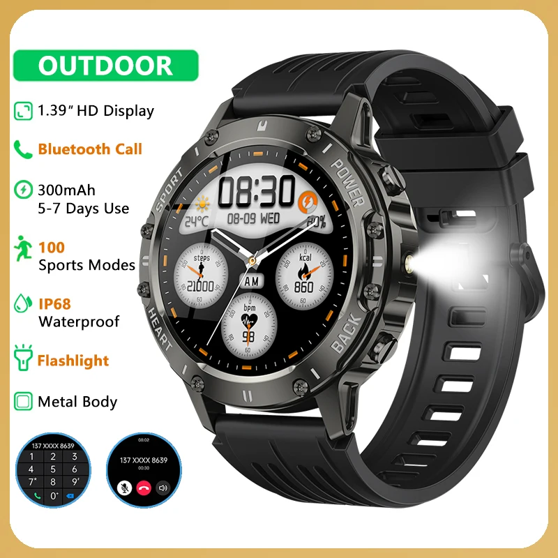

1,39-дюймовый HD-дисплей Смарт-часы с фонариком Bluetooth Вызов Спорт IP68 Водонепроницаемый фитнес-трекер Смарт-часы для мужчин и женщин