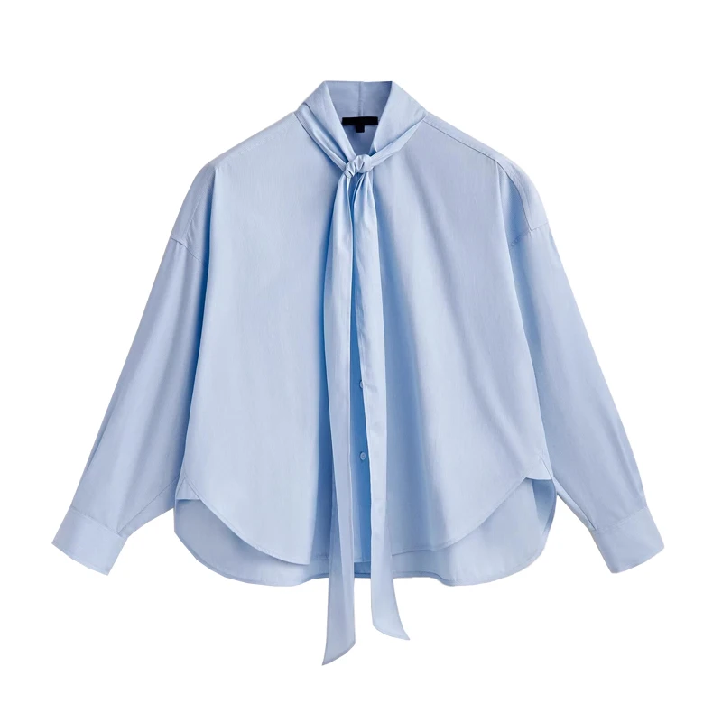 Elegant Stripe Shirt Stand Collar  Knot Design Long Sleeve Commute Fashionable Women's Premium Quality Polyester Fiber
